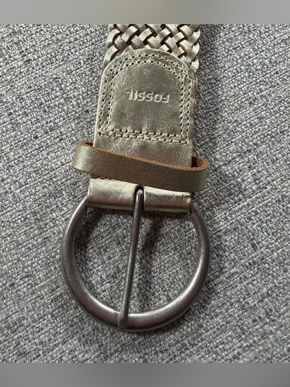 Fossil Womens Silver Braided Genuine Leather Belt With Silver-Tone Buckle Medium